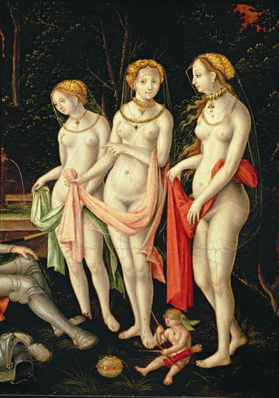 La distruzione di Troia e il giudizio di Paride, dettaglio che raffigura Artemide, Era e Afrodite, 1540 da Matthias Gerung or Gerou